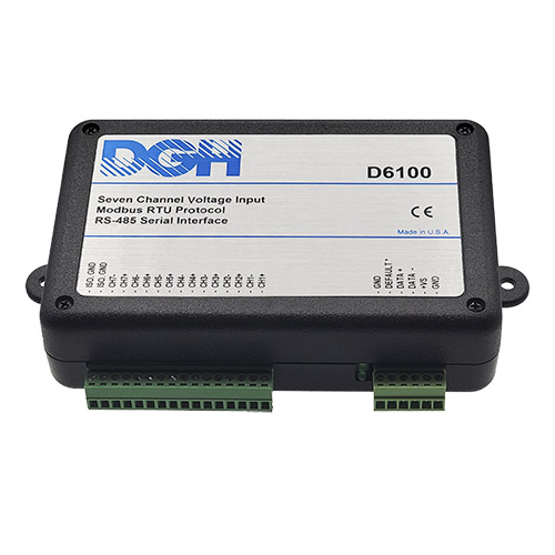 D6100 Seven Channel Voltage Input/Output Module - black box with green connections on transparent background.