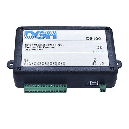 D8100 Seven Channel Voltage Input Module - black box with USB connection on transparent background.